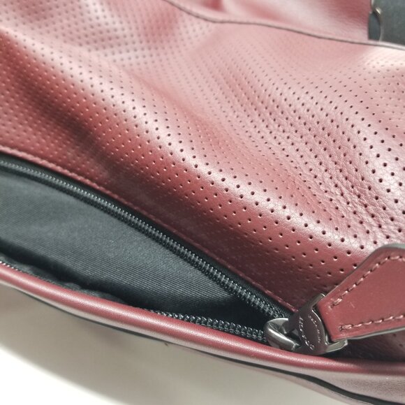 COACH Men's Burgundy Red & Black Leather Metal Buckle Drawstring Laptop Backpack - Picture 4 of 16